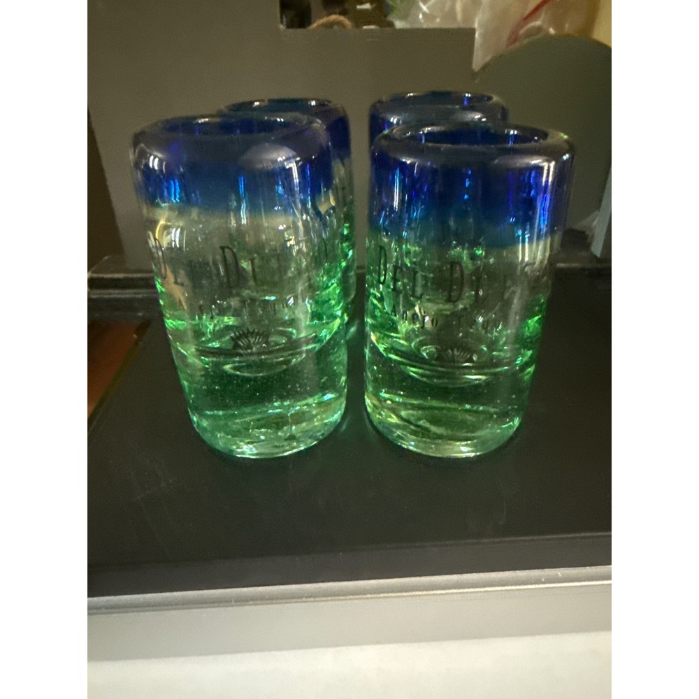 El Dueno Tequila Shot Glasses Set of 4 Hand Blown Blue Green Seeded Glass Etched